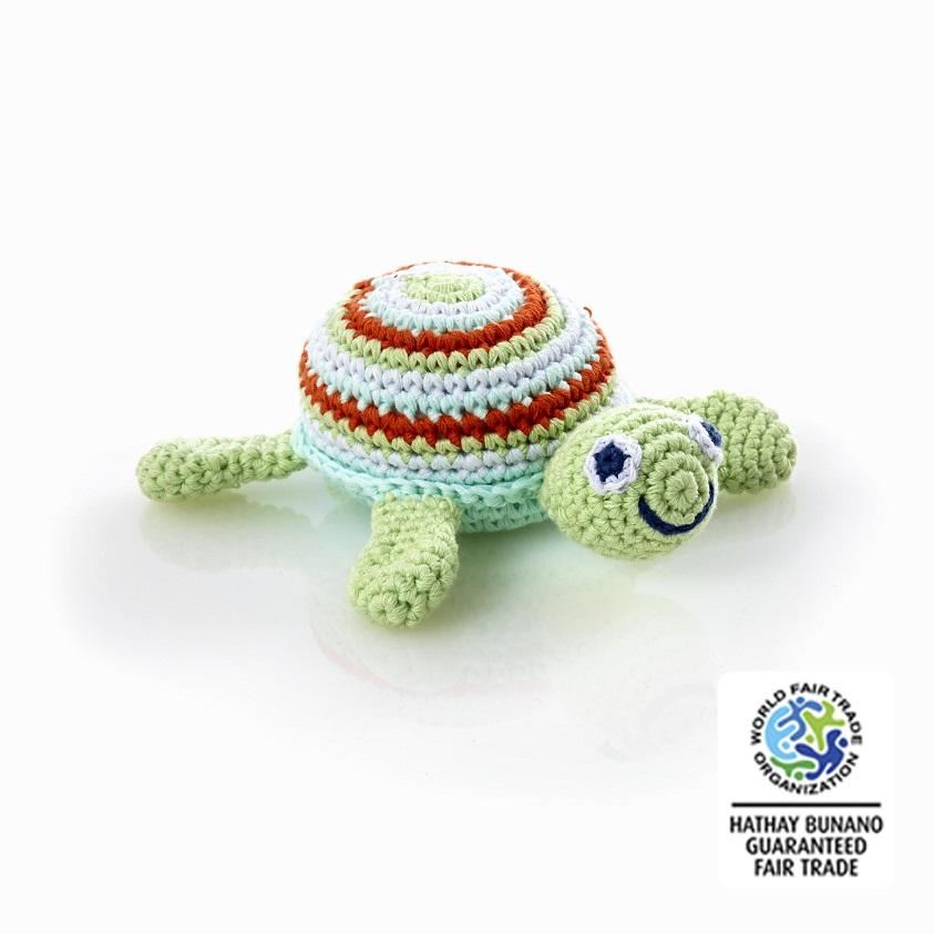 Crochet Cotton Turtle Baby Rattle with blue, green and red stripes and smiley face
